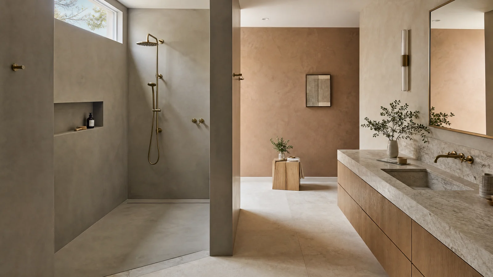 Luxury bathroom with microcement shower and decorative plaster dry-zone walls beyond traditional tile