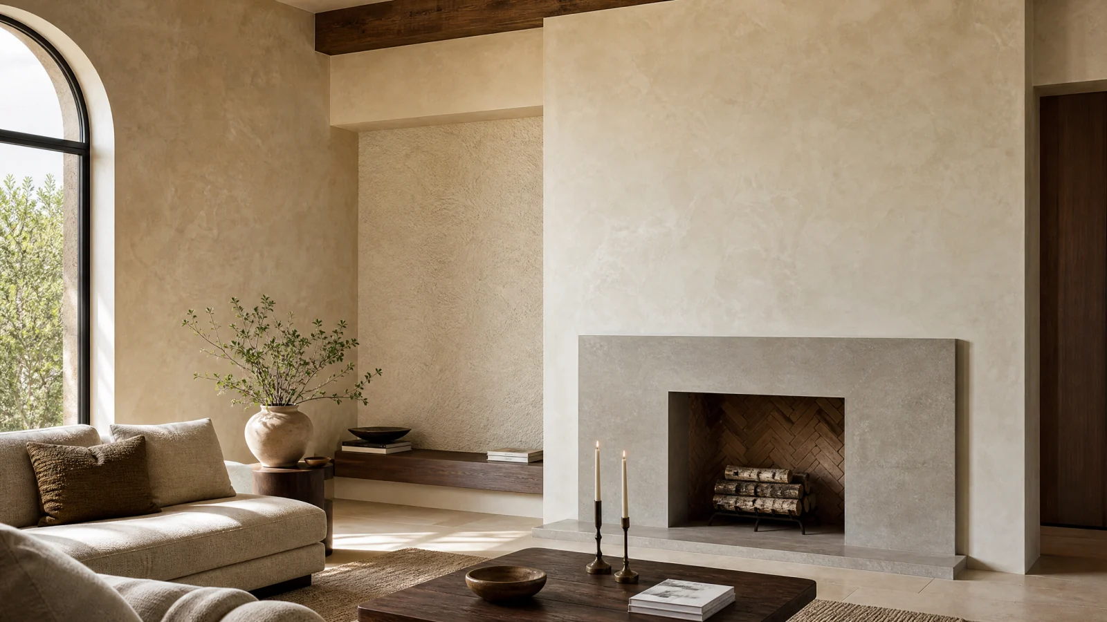 Luxury Dallas living room comparing Venetian plaster, Marmorino, microcement, and limewash wall finishes