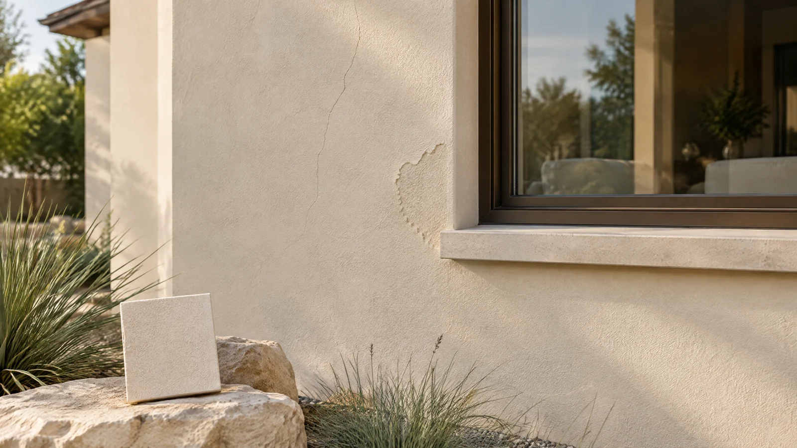 AI-generated illustration of a stucco exterior with a fine crack, patch edge and finish sample